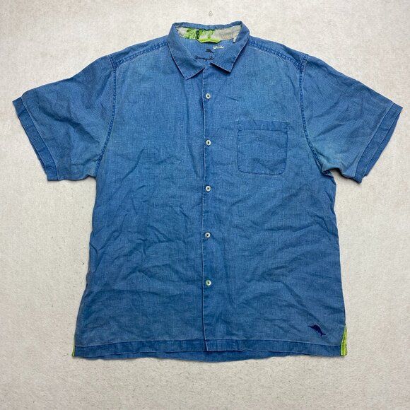 Tommy Bahama Linen Shirt L Blue Relax Short Sleeve Blue Beach Button Up - Picture 1 of 12